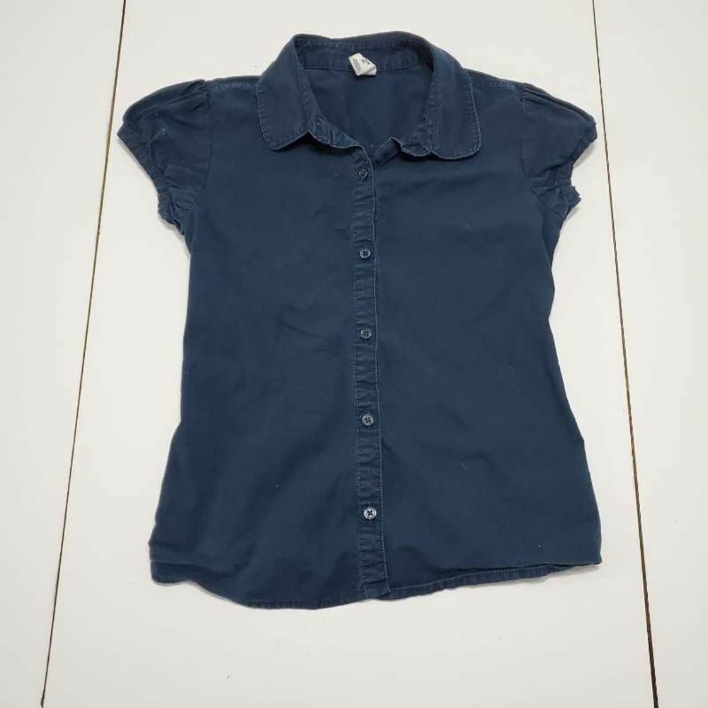 Old Navy Girls Uniform Button Up Shirt Ink Blue Short Sleeve Collared Stretch M